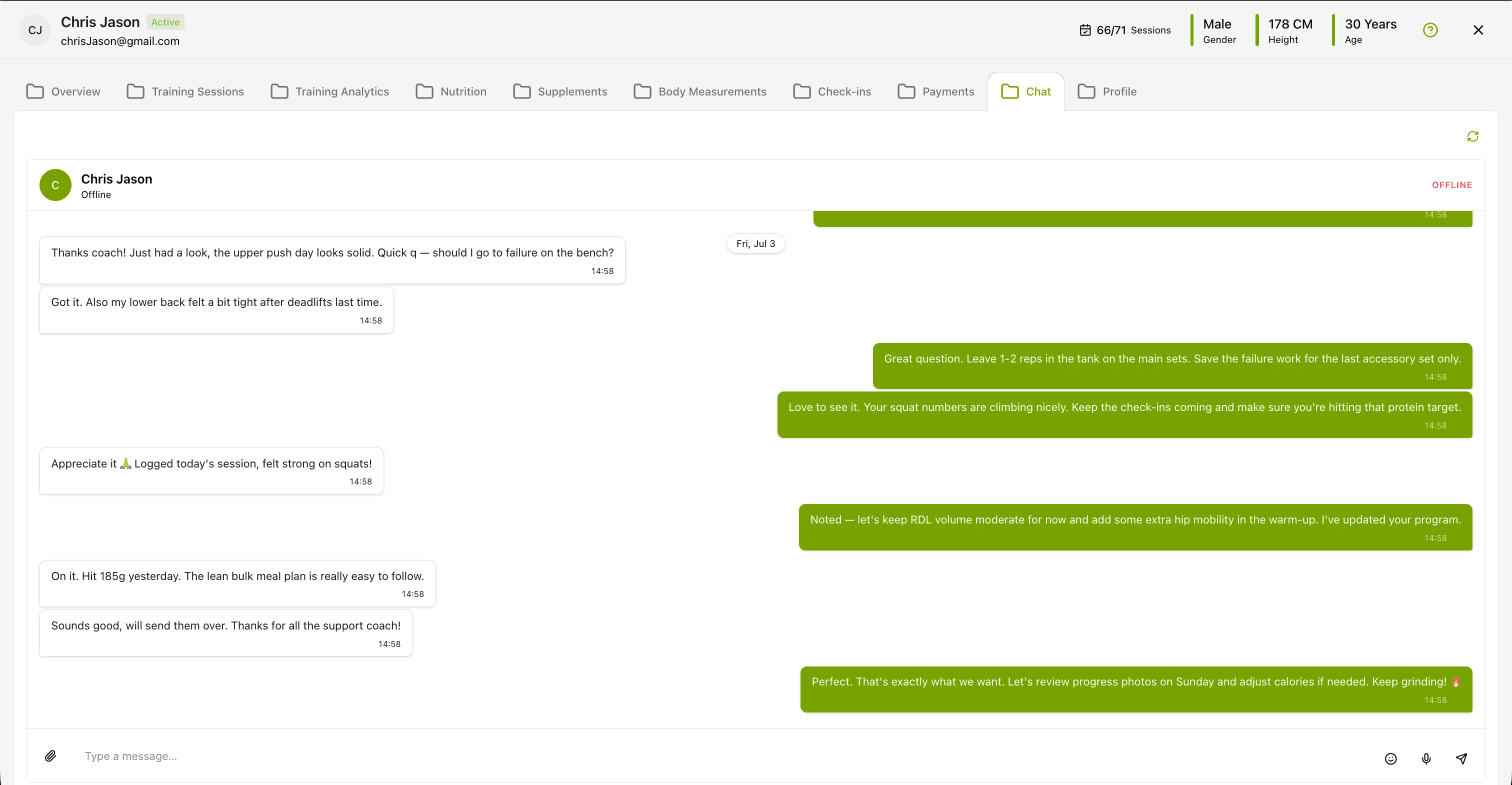 CMS: Chat conversation — text, voice note, video, PDF all in one thread