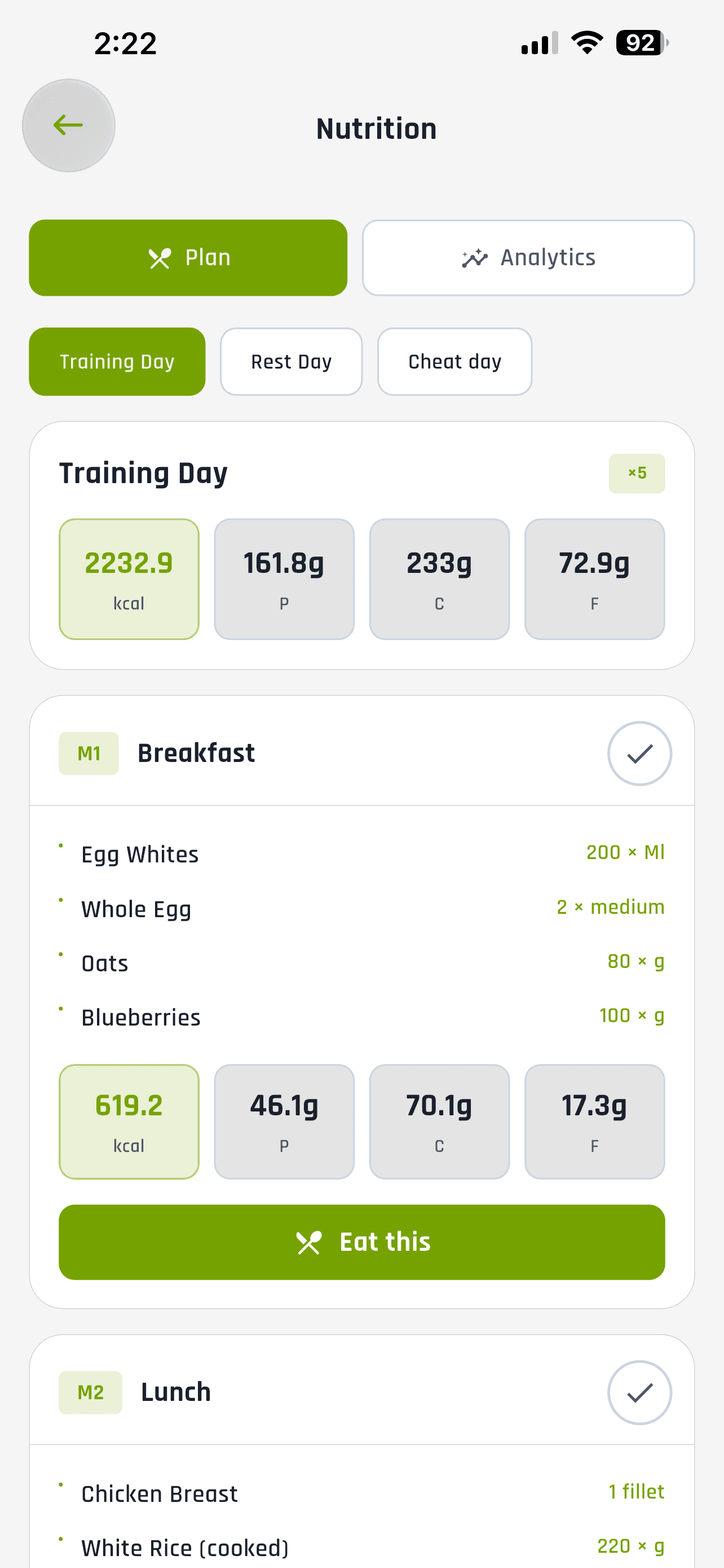 App: Client meal plan — meals, calories, macros and cooking instructions