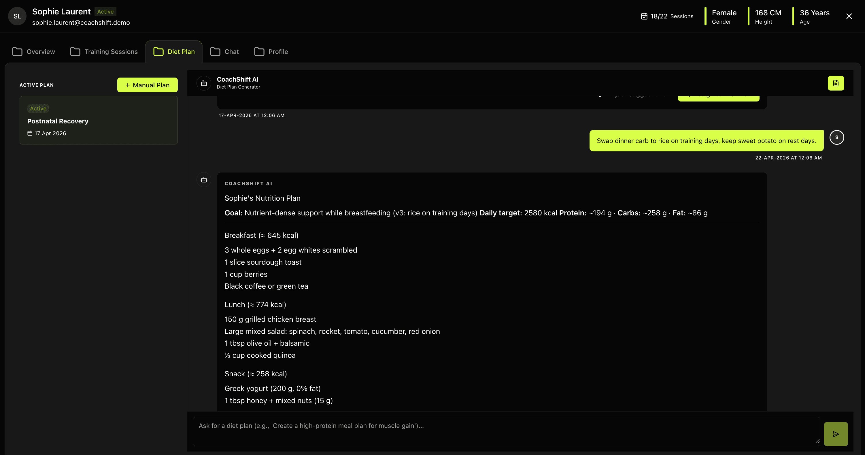 CMS: AI diet plan builder — coach reviews AI-generated meal plan, edits macros, sends to client