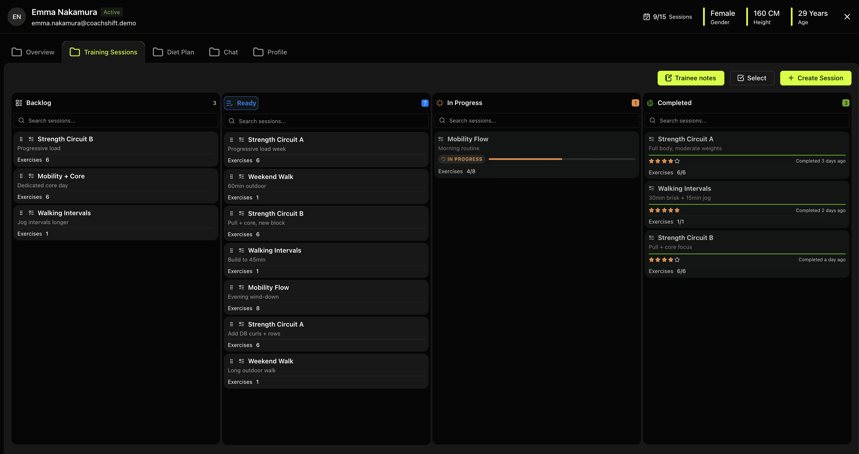 CMS: Trainee → Training sessions list — flexible status badges, dates optional